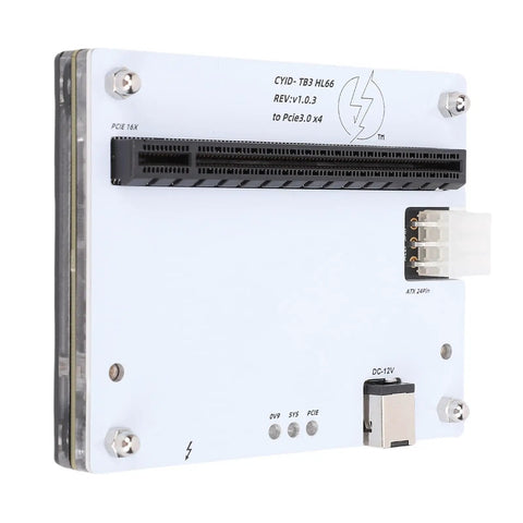 Game Changing Thunderbolt 4 Egpu Dock Enclosure featuring PCIe x16 slot for laptop graphics boost, side view with connectors.