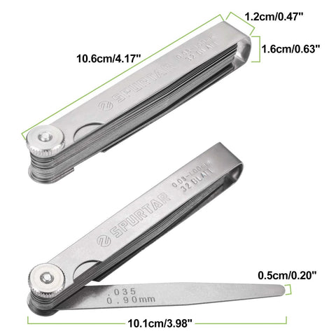 Spurtar 32-blade stainless steel feeler gauge set with SAE/metric marks, 0.001-0.04 in (0.03-1.00 mm), front view.