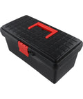 Real Deal 14 Inch Straight Up Plastic Toolbox Storage Container Featuring Dead Nuts Abs Snappy Lock System and Ergonomic Non Slip Handles viewed from the side.