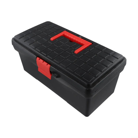 Real Deal 14 Inch Straight Up Plastic Toolbox Storage Container Featuring Dead Nuts Abs Snappy Lock System and Ergonomic Non Slip Handles viewed from the side.