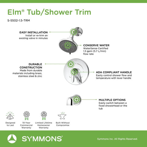 Diagram of Elm 5-Spray Tub And Shower Faucet Trim With Single Handle Chrome Finish, features and benefits explained.