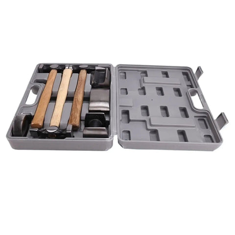 7 Piece Car Sheet Metal Tool Kit For Auto Body Repair And Bodywork in gray case, includes hammers and dollies for shaping and dents