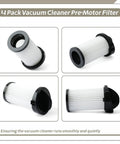 4 Pack Pre Motor Filter And HEPA Replacement For EyeVac Home Pro Pet Air Plus Touchless Stationary Vacuum Includes One Cleaning Brush for NeoVac Elite EV PMF, close-up of white filter with black rim.