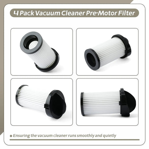 4 Pack Pre Motor Filter And HEPA Replacement For EyeVac Home Pro Pet Air Plus Touchless Stationary Vacuum Includes One Cleaning Brush for NeoVac Elite EV PMF, close-up of white filter with black rim.