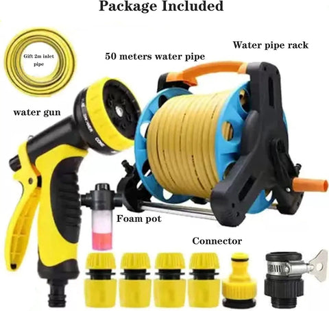 Portable Garden Hose Reel Cart With 50 Meter Hose And Nine Setting Spray Nozzle Rolling Water Storage Rack showing water gun, water pipe rack, connectors.
