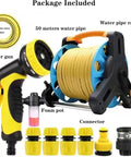 Ditch The Tangles Heavy Duty Portable Garden Hose Reel Cart With Nine Way Spray Nozzle includes water gun, connectors and 50 meters hose.