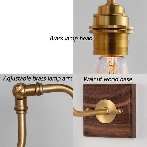 Close-up of Vintage Brass Wall Sconce showing adjustable brass lamp arm, brass lamp head, and walnut wood base.