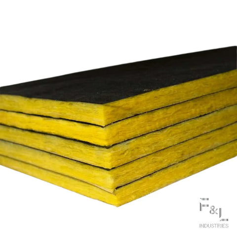 Pro Level R6 Fiberglass Acoustic Insulation Boards For Drywall And Ceilings One Point Five Inch Thick By Twenty Four By Forty Eight Inch stacked showing yellow and black layers.