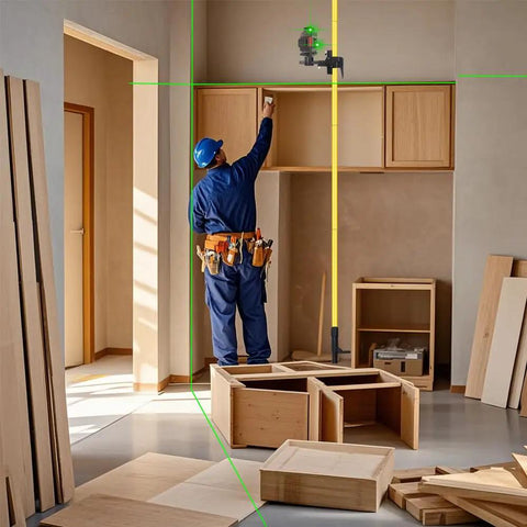 Pro Grade Multifunction Laser Level Pole With Adjustable Height And 360 Degree Rotating Head used by worker for cabinet alignment