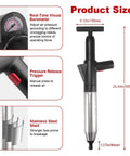 Heavy Duty High Pressure Toilet Plunger With Barometer And Extra Long Handle, showing pressure gauge and features for effective clogs removal.