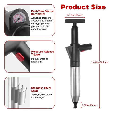 Heavy Duty High Pressure Toilet Plunger With Barometer And Extra Long Handle, showing pressure gauge and features for effective clogs removal.
