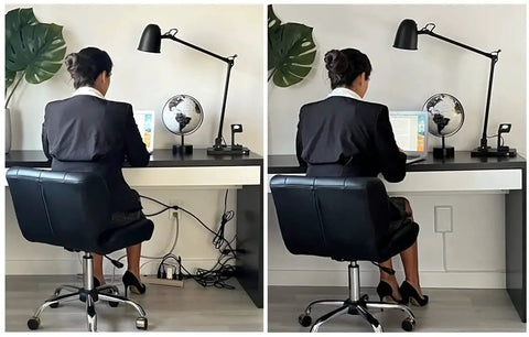 Before and after of Ultra Thin Outlet Concealer Kit With Cord Concealer And Flat Extension Cord Power Strip For a tidy office setup