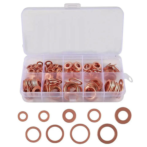 Flat Washer Kit For Sump Bolts And Engine Seals High Heat Red Copper Construction 300 Piece Assortment With Metric Sizes For Bolts And Nuts Heavy Duty Gasket Sealing And Pressure Resistance. Copper washers in organizer case