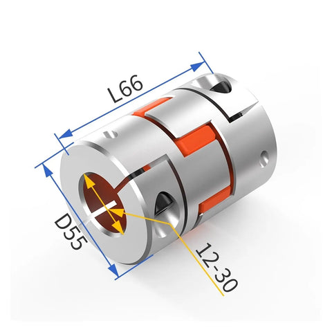 Premium Plum Flexible Shaft Coupler With Elastic Spider And 4 Jaws, Aluminum Alloy For Stepper Motor Connectors In CNC Machines, Fits Shafts From 12 To 30 mm including size measurements.