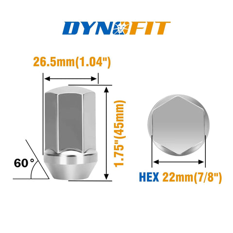 24 Piece Lug Nut Set 14x1.5 For Chevy Ford Ram GMC Fits Silverado Tahoe F150 Wrangler Gladiator Durango Colorado Suburban And More One Piece Chrome Wheel Nuts With Seven Eighths Hex And 60 Degree Conical Seat showing dimensions and hex size