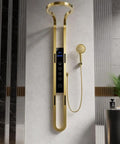 Built Tough And Straight Up Luxurious This 70 Inch Brushed Gold Digital Shower Panel features a rainfall head and touchscreen control.