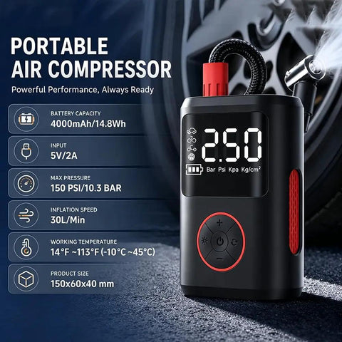 Portable Cordless Tire Inflator Air Compressor With Digital Pressure Gauge And Bright LED Light, showing detailed digital display and nozzle.