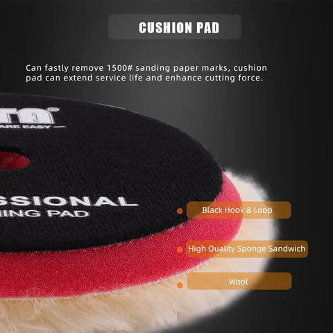 Two Pack 6 Inch Yellow Wool Polishing Pads For Medium Cut Car Polisher Buffing And Cutting Pads Set with black hook & loop, sponge, wool layers.
