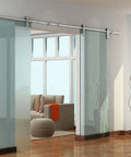 Installed 12 Ft Stainless Steel Glass Double Bi Partition Sliding Barn Door Hardware Kit Heavy Duty For Interior Partition Includes Rollers
