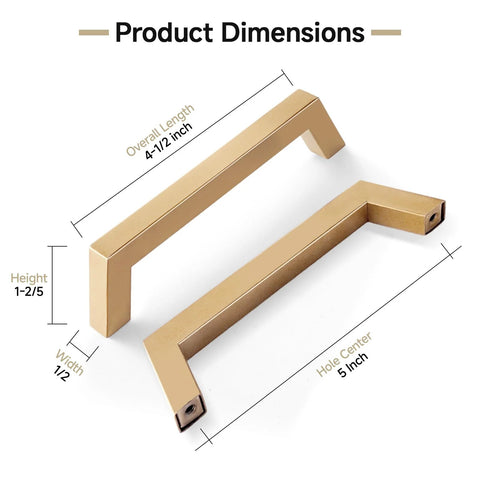 30 Pack 5 Inch Champagne Bronze Cabinet Handles Modern Square Gold Cabinet Pulls for Cabinets and Drawers with 128 Millimeter Hole Centers Durable Zinc Alloy Construction and Easy Installation for Kitchen Cabinets and Furniture showing product dimensions.