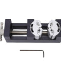 Heavy Duty Mini Vise Clamp For Drill Press Bench Made From Solid Aluminum Alloy With Self Adjusting Smart Grip, top view showing adjustable jaws.