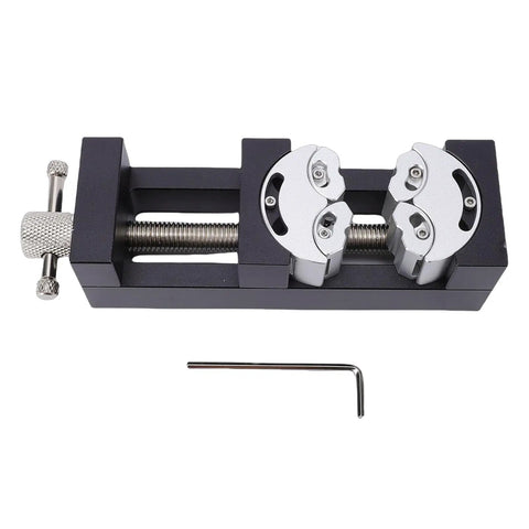 Heavy Duty Mini Vise Clamp For Drill Press Bench Made From Solid Aluminum Alloy With Self Adjusting Smart Grip, top view showing adjustable jaws.
