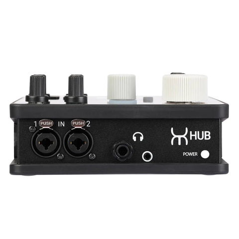 Front view of More You Hub Expandable USB Audio Interface For Home Studio Boss Mode with dual combo jacks and controls.