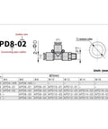 Heavy Duty Pneumatic Air Connector Fittings Kit With 24 Pieces To Match 1/8 1/4 3/8 And 1/2 Inch BSP Threads For Versatile Shop Tools And Compressor Hookups That Make Jobs A Breeze. technical drawing of PD8-02 pneumatic fitting, PT 1/4 BSP, for 8mm tube