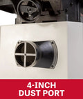 4-inch dust port of the Badass Eight Inch Jointer Featuring Helical Cutterhead And Two Horsepower Motor, designed for efficient dust collection.