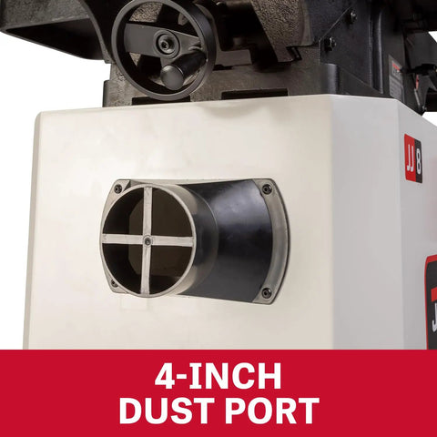 4-inch dust port of the Badass Eight Inch Jointer Featuring Helical Cutterhead And Two Horsepower Motor, designed for efficient dust collection.