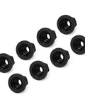 Road Ready Swivel Flange Trailer Lug Nuts 5/8 Inch 18 Thread Grade 8 Black Oxide Finish Fits 7k To 12k Axles Heavy Duty Wheel Fasteners 8 Pack arranged in a row.