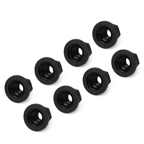 Road Ready Swivel Flange Trailer Lug Nuts 5/8 Inch 18 Thread Grade 8 Black Oxide Finish Fits 7k To 12k Axles Heavy Duty Wheel Fasteners 8 Pack arranged in a row.