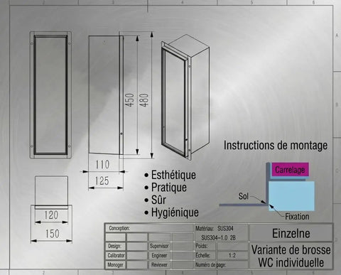 Technical diagram of Hidden In Wall Toilet Brush Holder Cabinet In Matte Black With Tileable Door showing dimensions 45x12x12 cm.