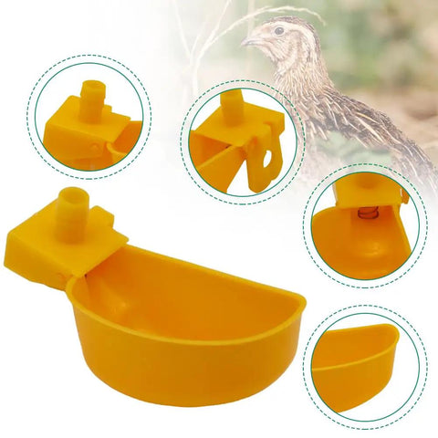 Top Tier Auto Fill Quail Water Cups 12 Pack Yellow Clip On Cage Drinkers For Pigeons Rabbits front view of yellow drinker cup