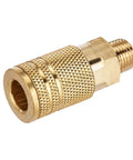 Brass air quick-connect coupling with 1/4-in NPT threads, knurled body, angled side view