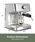 EzBru 1000 58mm Commercial Espresso Machine With Dual PID And NTC Temperature Control Four Adjustable Shot And Temperature Settings Pro Grade Steam Wand And Barista Kit For Home And Cafe, side view displaying stainless steel finish and dimensions.