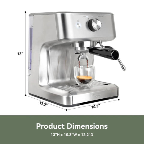 EzBru 1000 58mm Commercial Espresso Machine With Dual PID And NTC Temperature Control Four Adjustable Shot And Temperature Settings Pro Grade Steam Wand And Barista Kit For Home And Cafe, side view displaying stainless steel finish and dimensions.