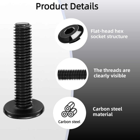 Pro Grade Wood Furniture Hardware Kit with 1/4-20 threaded insert showing flat-head hex socket and carbon steel material details