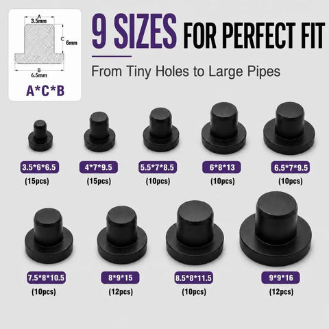 Super Cool 104 Piece Silicone Rubber Hole Plug Kit With 9 Sizes T-Type Black Waterproof Caps For Pipes Tubes And Electrical Wiring Heat Resistant Flexible Reusable Sealing Tools Perfect For Home Gigs And DIY Projects, 9 sizes