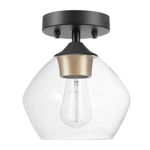 Harrow 1 Light Semi-Flush Mount Ceiling Light With Matte Black Finish, Gold Accent Socket, Clear Glass Shade, Dimmable