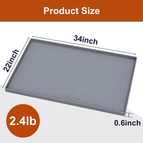 Leakproof Silicone Mat With Raised Edge Extra Thick Under Sink Mat For Kitchen And Bathroom Waterproof Cabinet Liner No Mess Spill Proof Multi Purpose Storage And Protection BPA Free Food Grade 34 By 22 Inch Gray shown with dimensions.