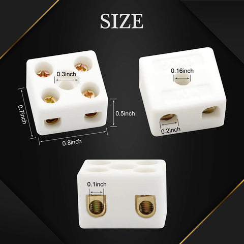 Five white ceramic 2-way terminal blocks with screw terminals, front and side views.