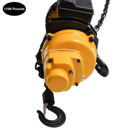 Close-up view of Heavy Duty Electric Chain Hoist 1100 Lb Capacity with yellow aluminum body and steel hook for lifting.