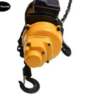 Heavy Duty 1100 Lbs Electric Chain Hoist Handling Heavy Loads Without Breaking A Sweat, Featuring Lightning Fast 13 Ft Lift Speed And A Rock Solid 1300W Motor, Straight Up Reliable For Garage Cranes Shops And Weekend Warriors, Close-up of motor and hook.