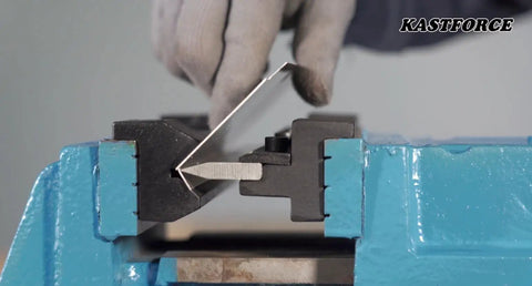 Hands using 6 Inch Vise Mount Metal Brake Bender Attachment for 4 inch or wider vises that bends 14 gauge steel detail.