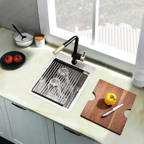 Drop In Bar Sink 15 X 21 Inch Single Bowl In 16 Gauge T304 Stainless Steel Satin Finish Heavy Duty Dent Resistant Wet Bar RV Kitchen Sink With Top Mount Design And Included Accessories Easy To Clean And Rust Resistant with accessories in kitchen setting.
