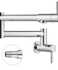 19 Inch Wall Mount Pot Filler Faucet With Folding Stretchable Swing Arm, Stainless Steel Kitchen Commercial Grade, Double Joint, Two Handles, NPT 1/2 Inch Connection, Polished Chrome Finish, Ideal For Filling Large Pots Quickly And Efficiently displayed with focus on joints and handles