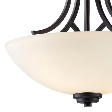 Close-up of Three Light Semi-Flush Ceiling Mount In Oil Rubbed Bronze With Flat Opal Glass Shade For Kitchen Or Dining Room