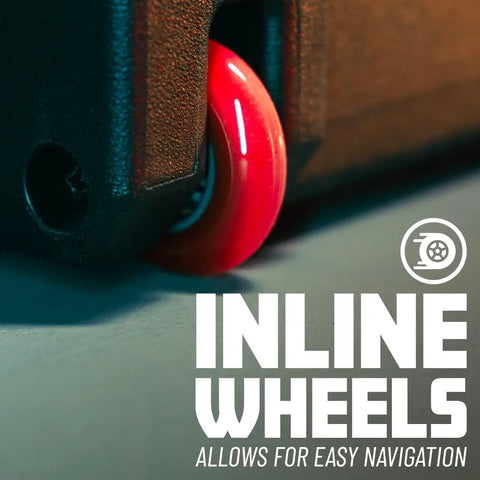 Close-up of inline wheels on the Hella Rugged Roto Molded Drum Hardware Case With Retractable Pull Handle And Inline Wheels, ensuring smooth navigation.