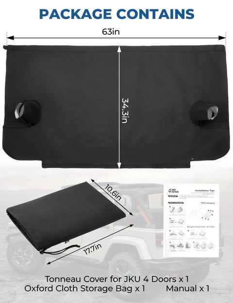 Rugged Tonneau Cover For Wrangler JK 4 Door 2007 To 2018 JKU Cargo Trunk Tailgate Cover Jeep Accessories, dimensions shown with manual and bag